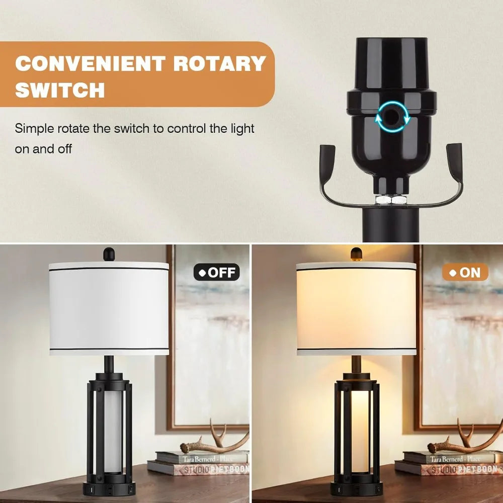 25" Modern Table Lamps Set of 2, Industrial Beside Lamps with USB A+C Charging Ports & AC Outlet, Nightstand Lamp with Glass Nig
