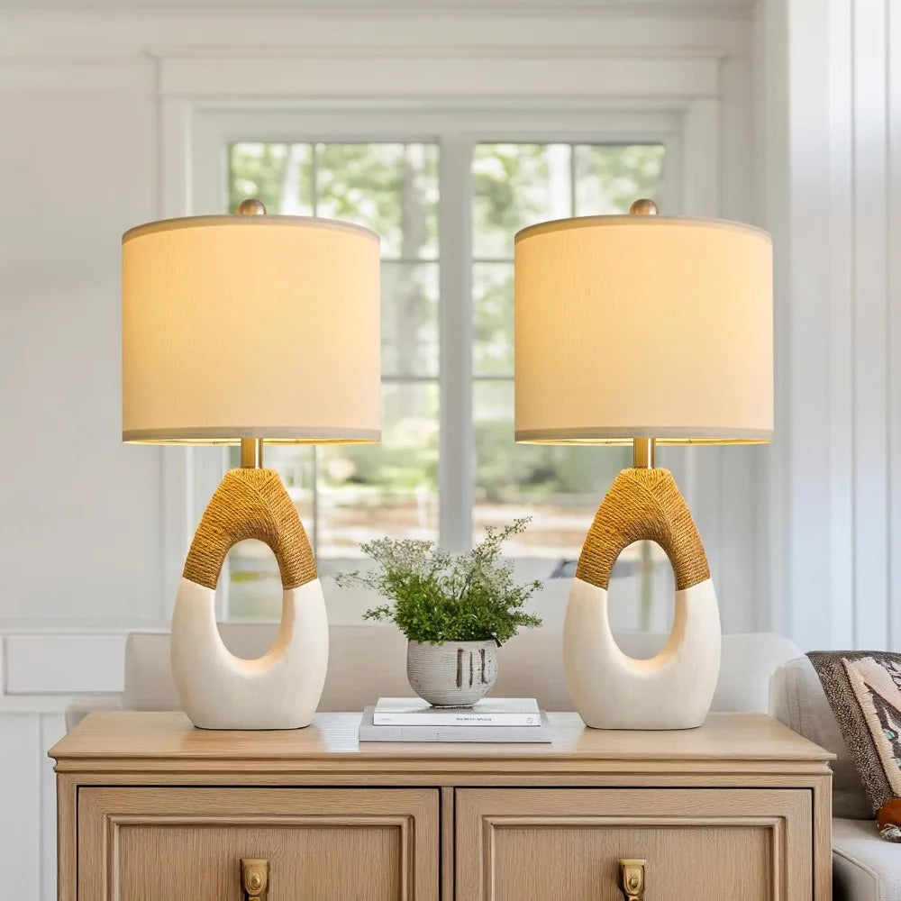 OYEARS 22” Boho Table Lamps for Bedroom Living Room Upgraded Set of 2 Medium Farmhouse Rattan Table Lamps, Rustic Home Decoratio