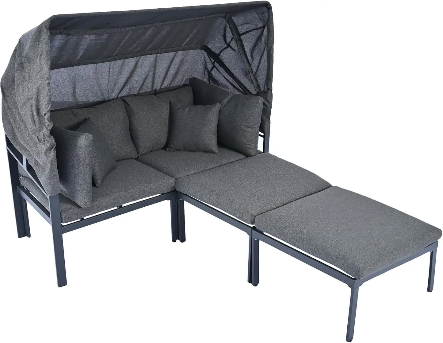 Outdoor Patio Daybed Sunbed Lounger with Retractable Canopy AllWeather 3Piece Sectional Sofa Set with Washable Cushions for Back