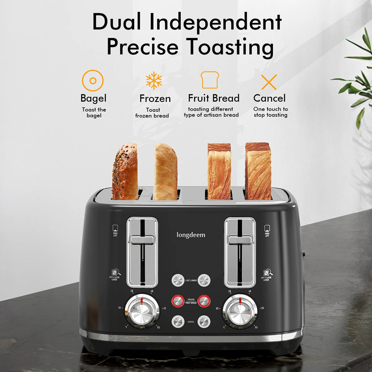 4 Slice Toaster, 1.5" Extra Wide Stainless Steel Slots, Dual Controls, Removable Crumb Tray, 6 Shade Settings, Black