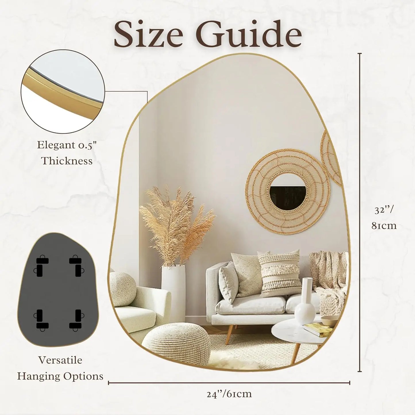 Irregular Wall Mirror Asymmetrical Mirror, 32''x24'' Golden Wood Framed Mirror for Bathroom Bedroom Living (Gold, 32''x24'')