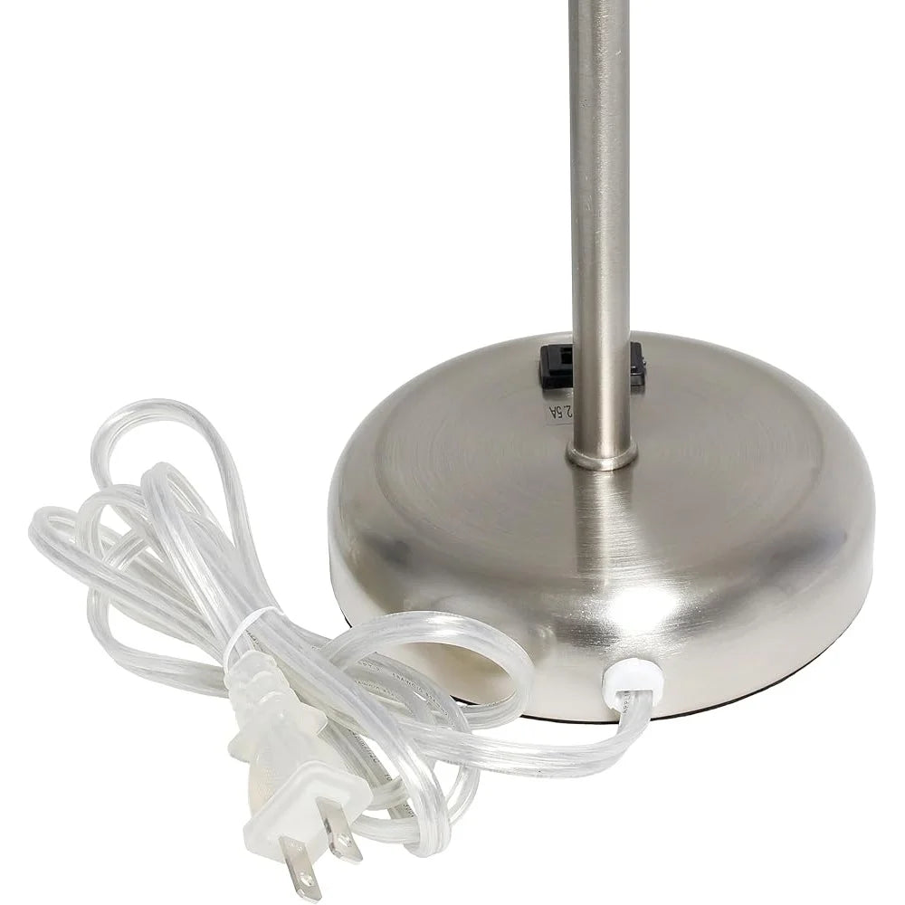 Brushed Steel Table Desk Lamp with Charging Outlet Drum Fabric Shade Ideal Living Room Bedroom Office Dorm 60W LED Bulb Included