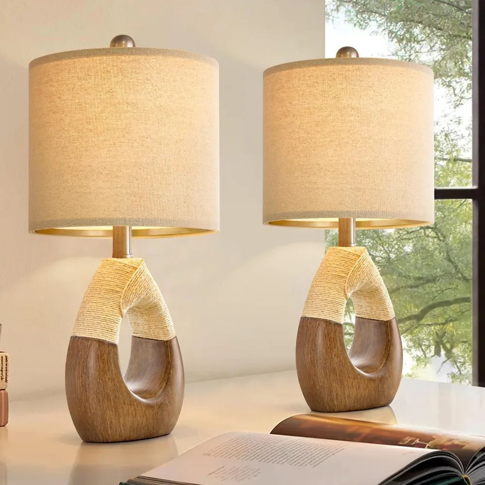 OYEARS Boho Table Lamps Bedroom Living Room Set 2,Suitable for Small Space,Farmhouse RattanTable Lamp 19”Rustic Egg Design Resin