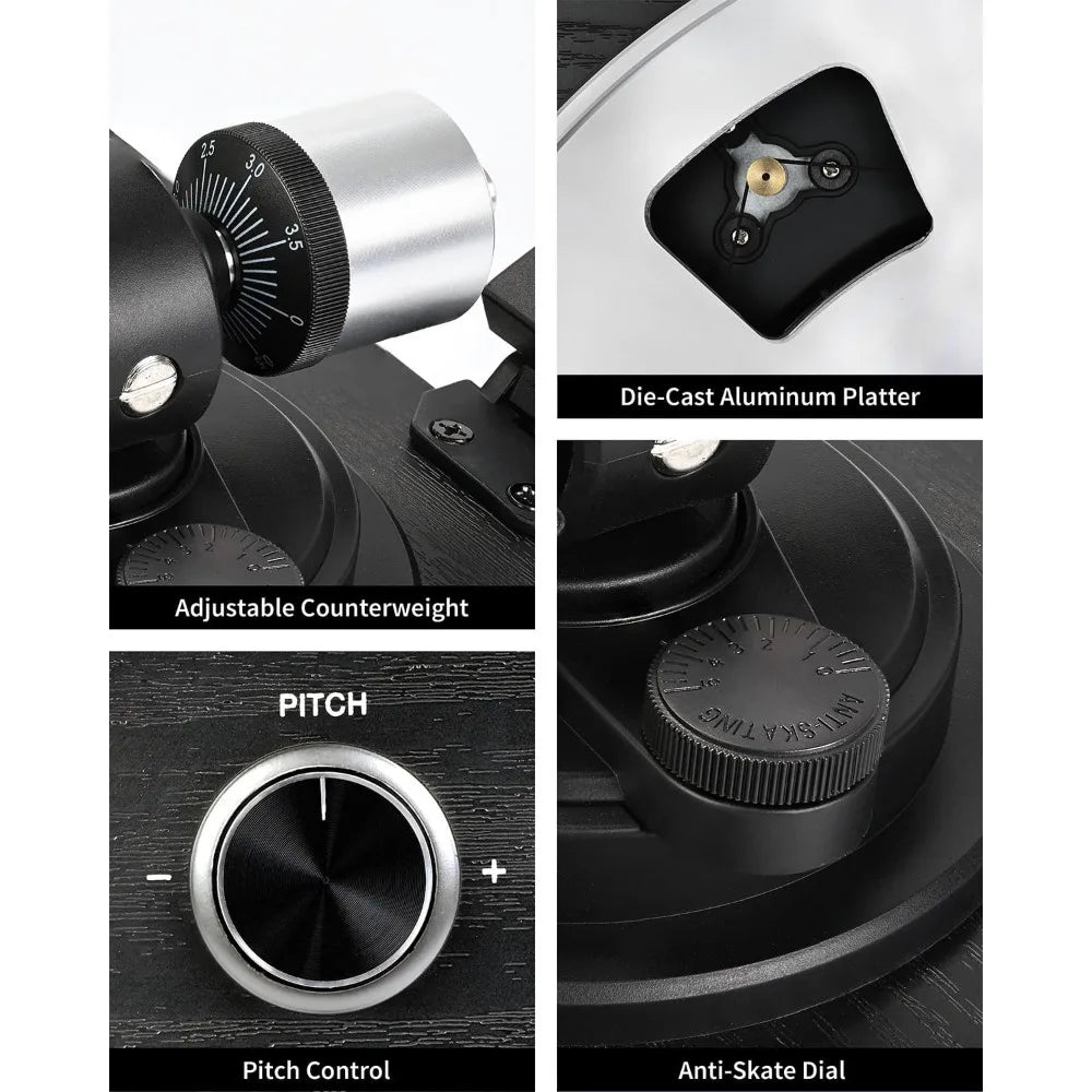 Bluetooth Vinyl Turntable Built-in Preamp Phono/Line Switch Adj Counterweight Anti-Skate Var Pitch Ctrl Mag Cartridge 2-Spd