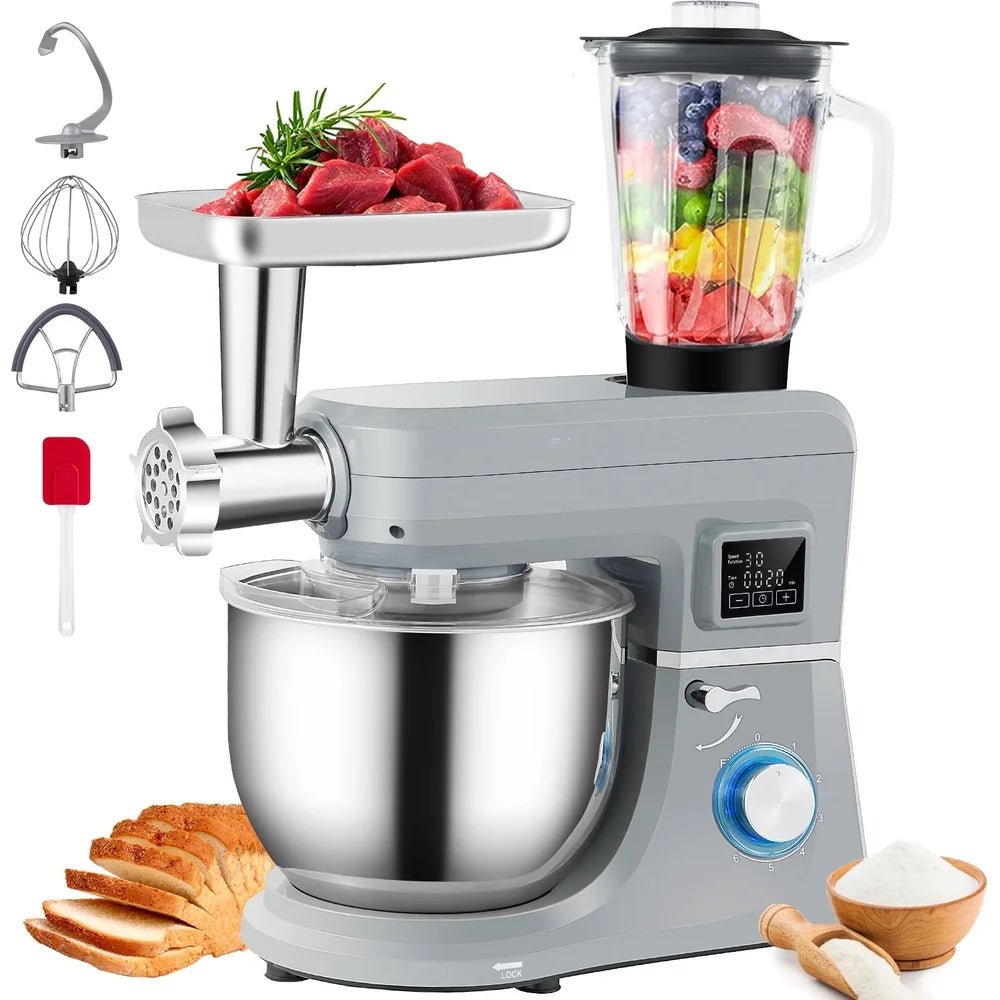 7.4 Qt Stand Mixer with Stainless Steel Bowl Dough Hook Beater Whisk Meat Grinder Juice Cup LCD Touch Panel