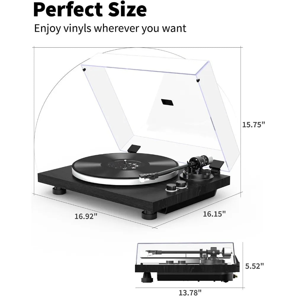 Bluetooth Vinyl Turntable Built-in Preamp Phono/Line Switch Adj Counterweight Anti-Skate Var Pitch Ctrl Mag Cartridge 2-Spd