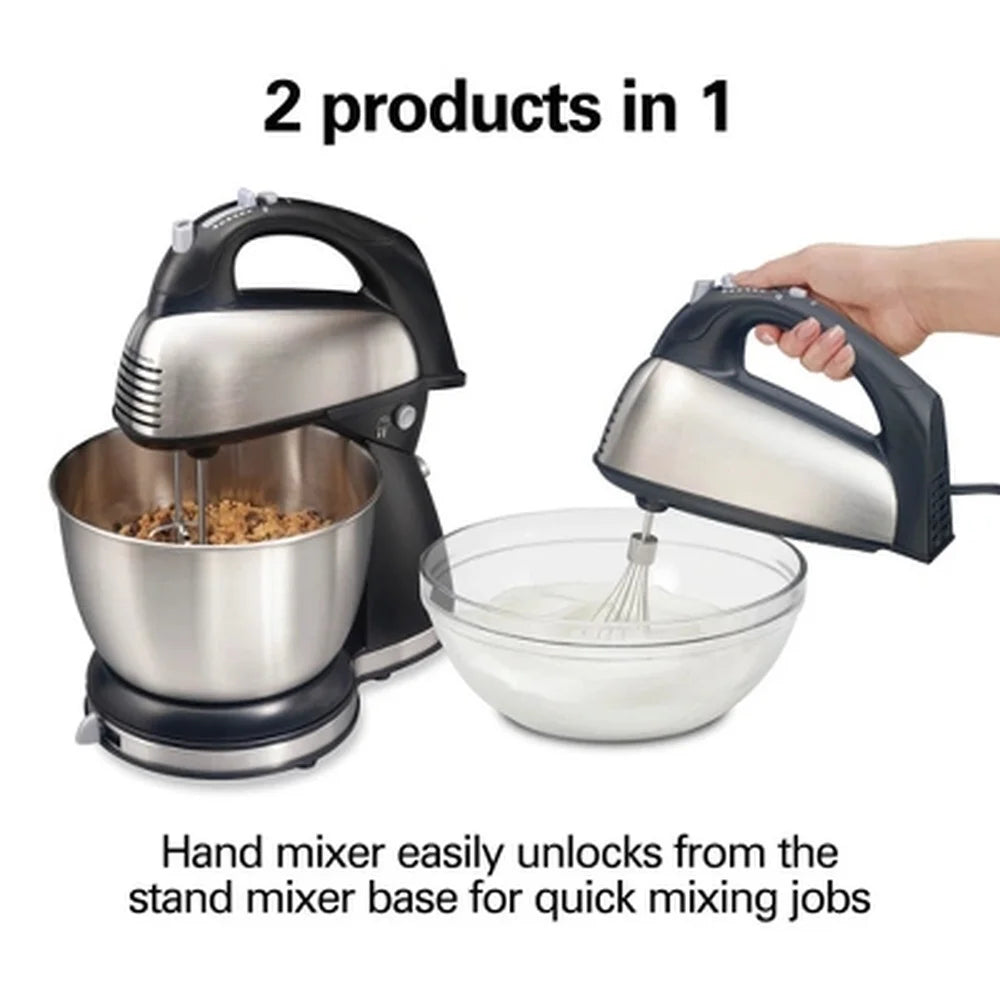 6-Speed Hand Mixer Stand Mixer 290W Dishwasher Safe 4QT Stainless Steel Bowl 5 Attachments Shift Stir Lever Kitchen Appliance