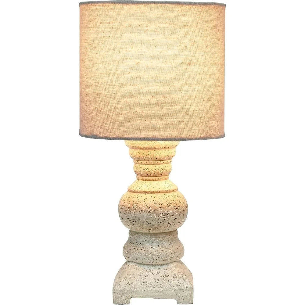 Rustic Farmhouse Mini Table Desk Lamp with Drum Fabric Shade Distressed Resin Base Accessible Switch Home Office