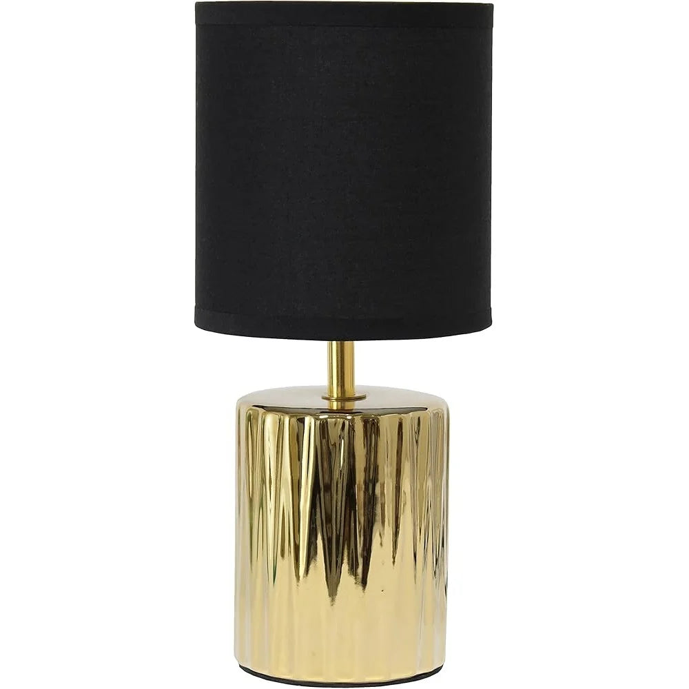 Modern Metallic Gold Ruffled Table Lamp with Black Drum Shade Accessible Switch Home Decor Accent Lighting 11.61 Inch Height