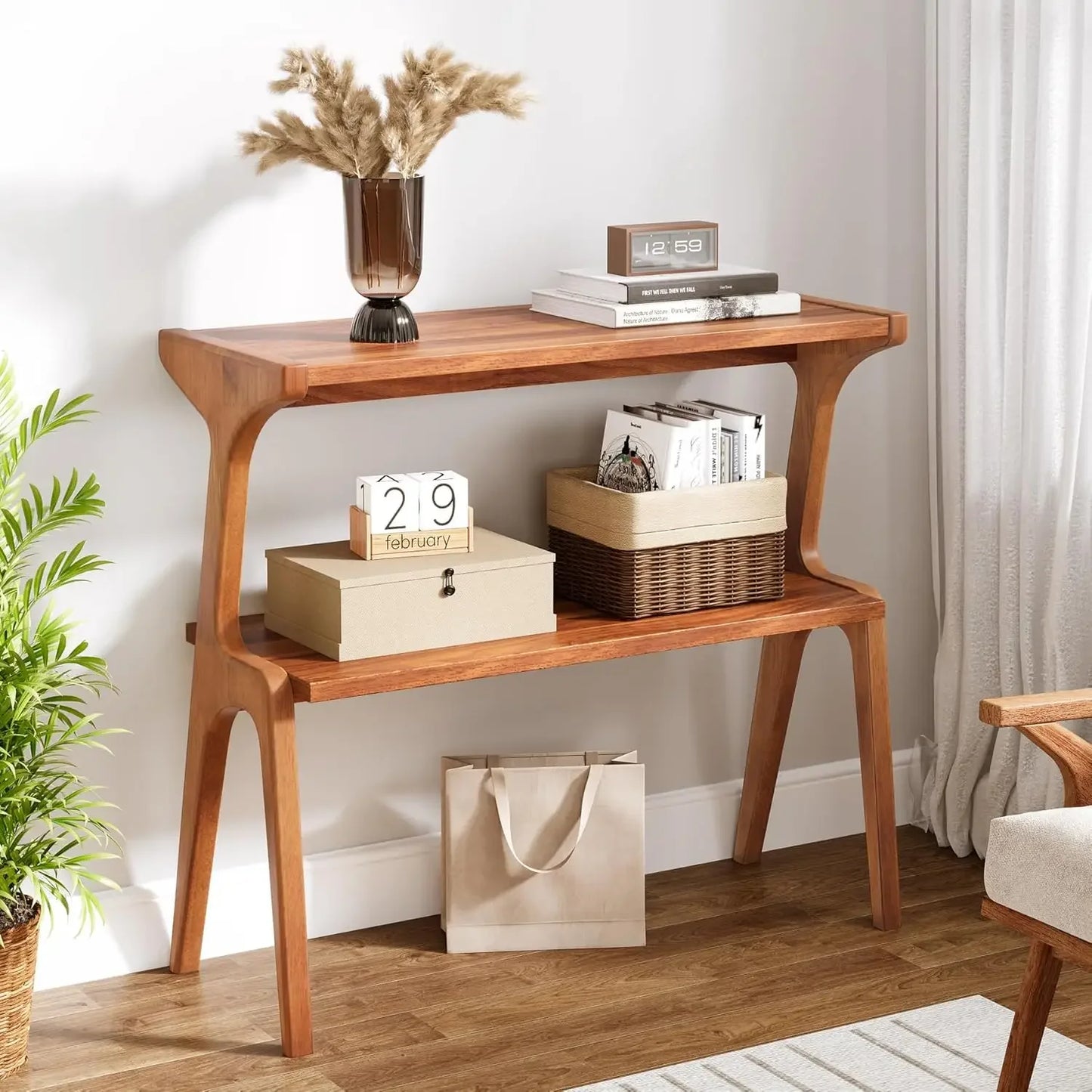 Narrow End Table for Living Room, 2-Tier Slim Sofa Side Table with Solid Wood Legs, Modern Tall End Table with Storage Shelf