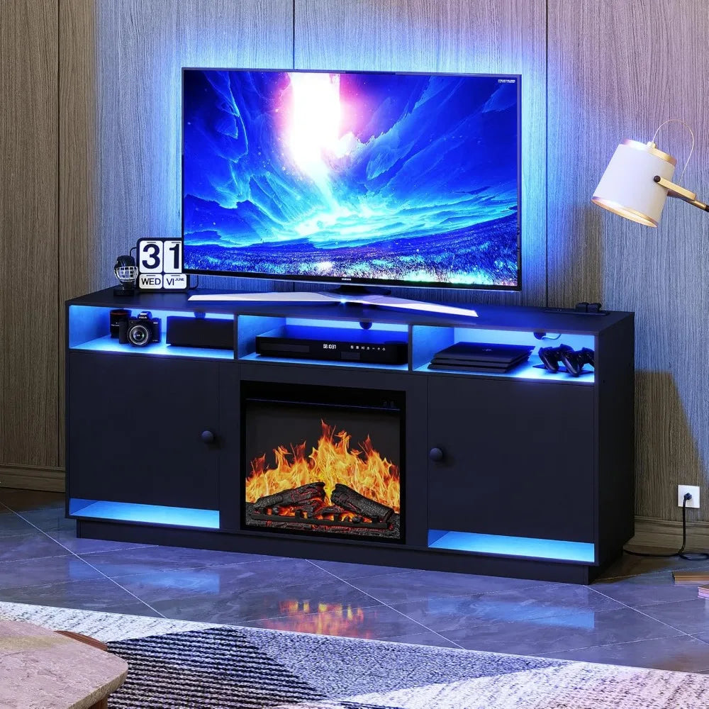 Electric Fireplace TV Stand with Charging Station and LED Lights, Black TV Stand with Fireplace for 32" 43" 50" 55" 65", Entert