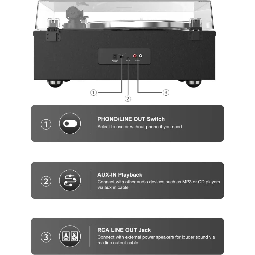 High-Fidelity Vinyl Record Player Built-in 4 Stereo Speakers Belt Drive MM Cartridge ATN-3600L Stylus 33/45 RPM BT Wireless
