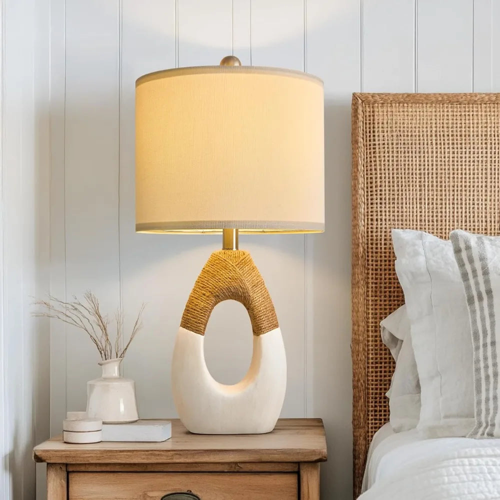 OYEARS 22” Boho Table Lamps for Bedroom Living Room Upgraded Set of 2 Medium Farmhouse Rattan Table Lamps, Rustic Home Decoratio