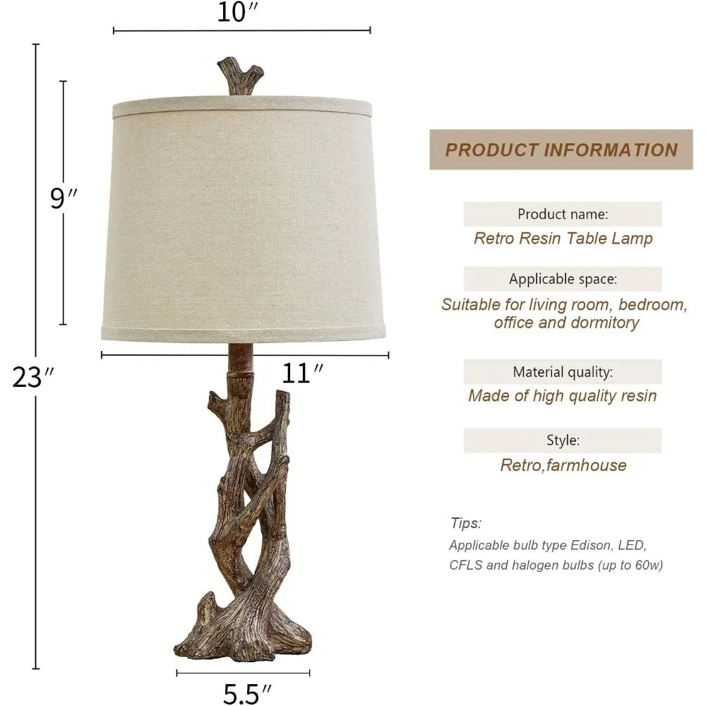 OYEARS 23" Rustic Farmhouse Table Lamp Country Cottage Lamps for Nightstand Tree Trunk Wood Grain Lamp for Bedroom Living Room w