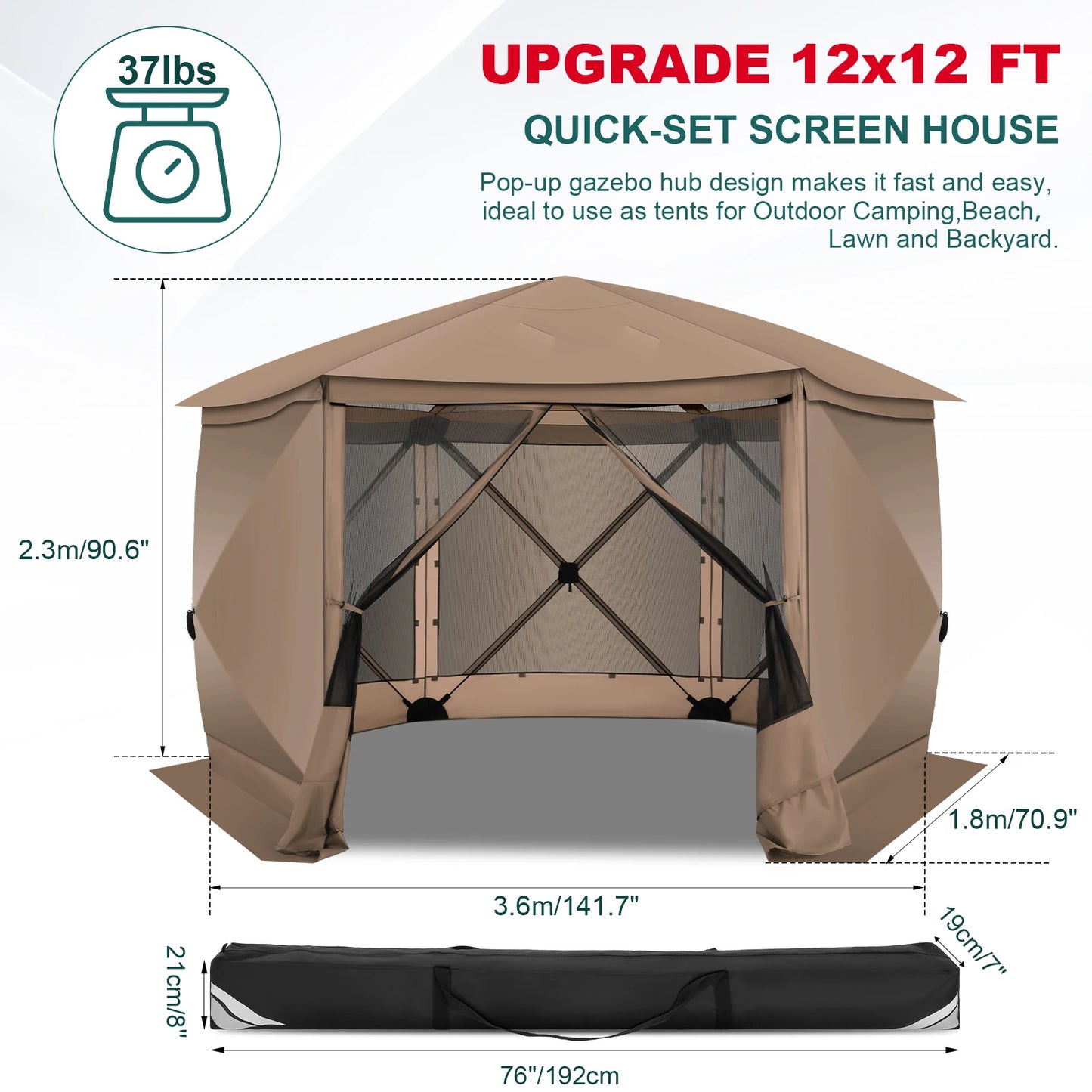 Pop up Gazebo Screen Tent for Camping, 12x12 Camping Gazebo with Removable Roof, Outdoor Screened Gazebo with 5 Sidewalls