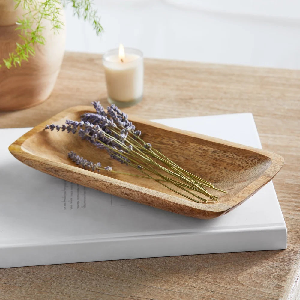 Hand Carved Wood Tray Rustic Decorative Item 12x6 Inches Light Finish Grain Display Holder Flowers Home Decor