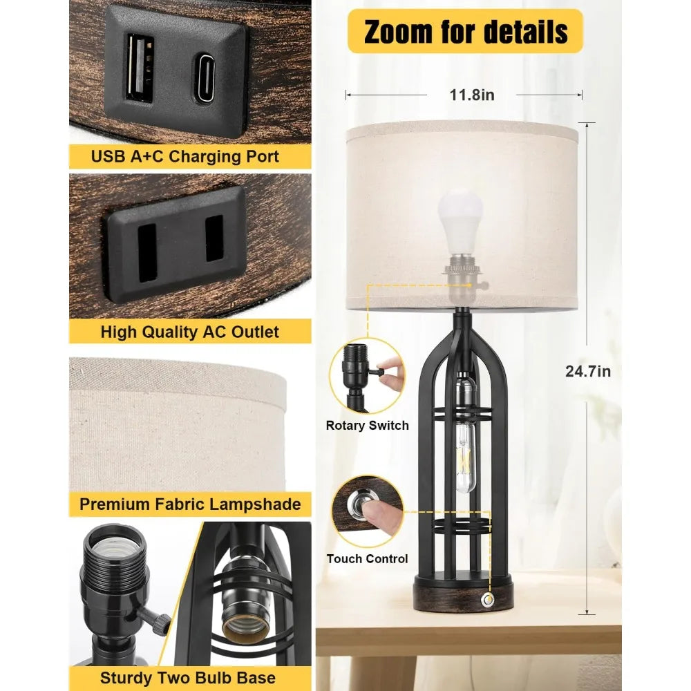 Seealle Table Lamps for Living Room Set of 2 - Black Bedside Lamp for Bedroom with USB C+A & Outlet, Farmhouse Lamps for Night S