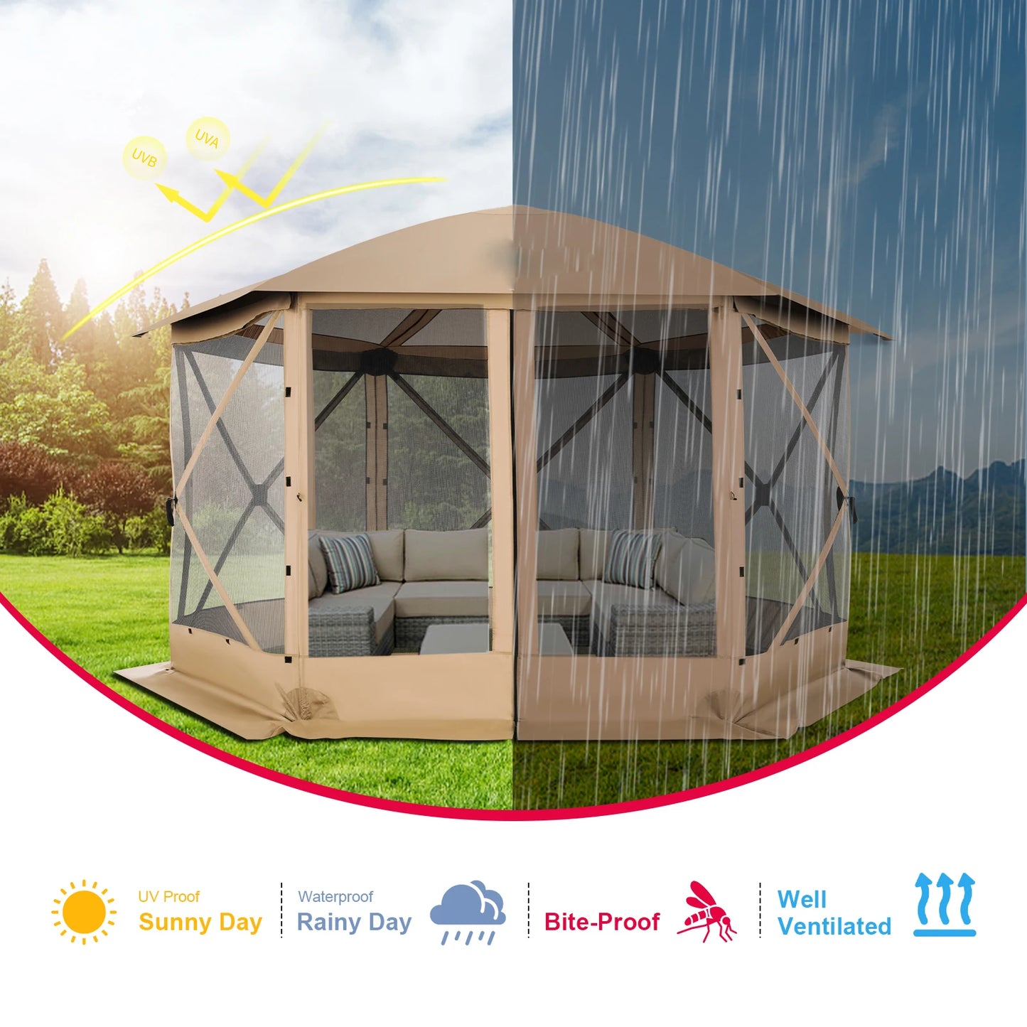 Pop up Gazebo Screen Tent for Camping, 12x12 Camping Gazebo with Removable Roof, Outdoor Screened Gazebo with 5 Sidewalls