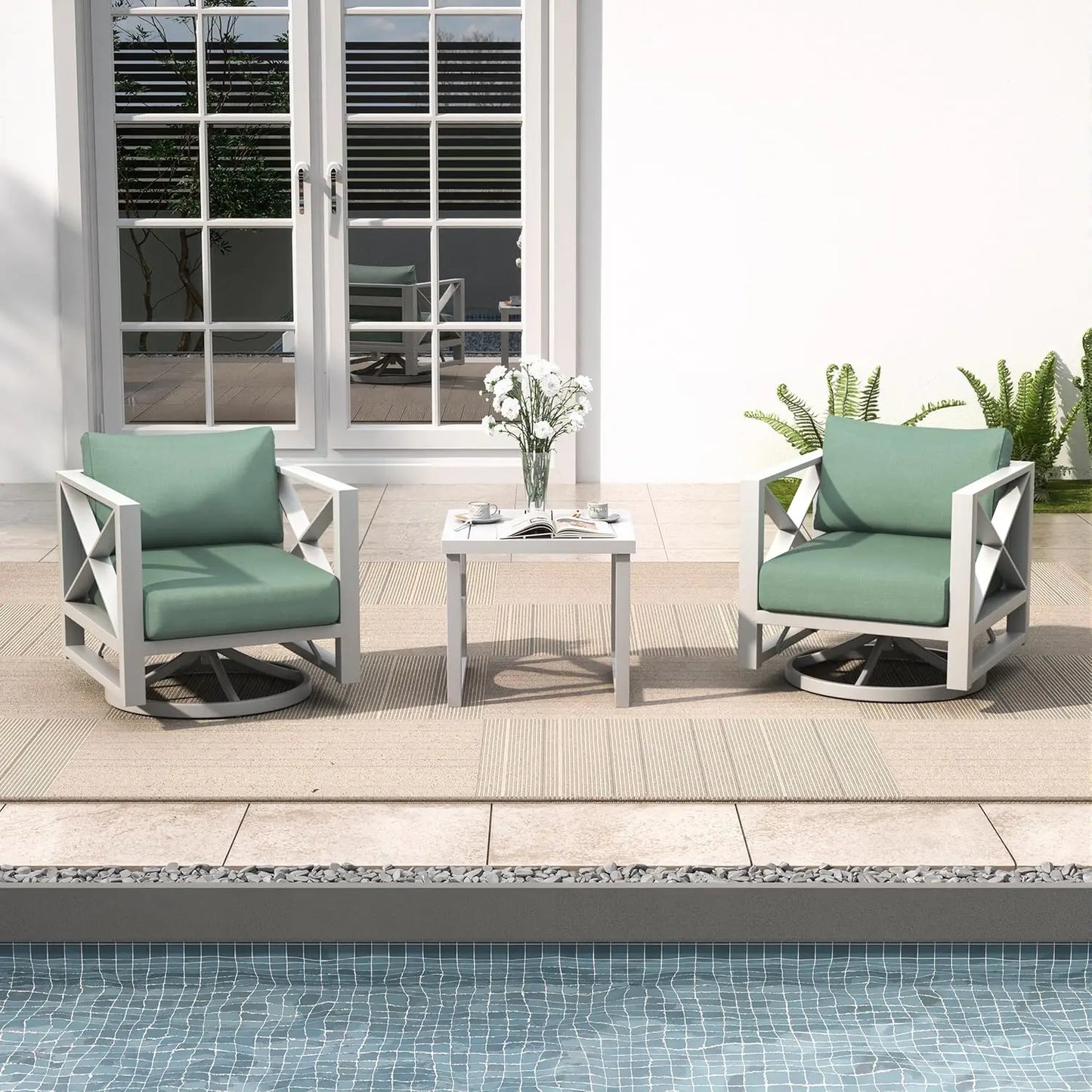 3 Piece Patio Outdoor Aluminum Swivel Rocking Chair with Coffee Table and 6" Thickened Cushions, All Weather Outdoor Furniture