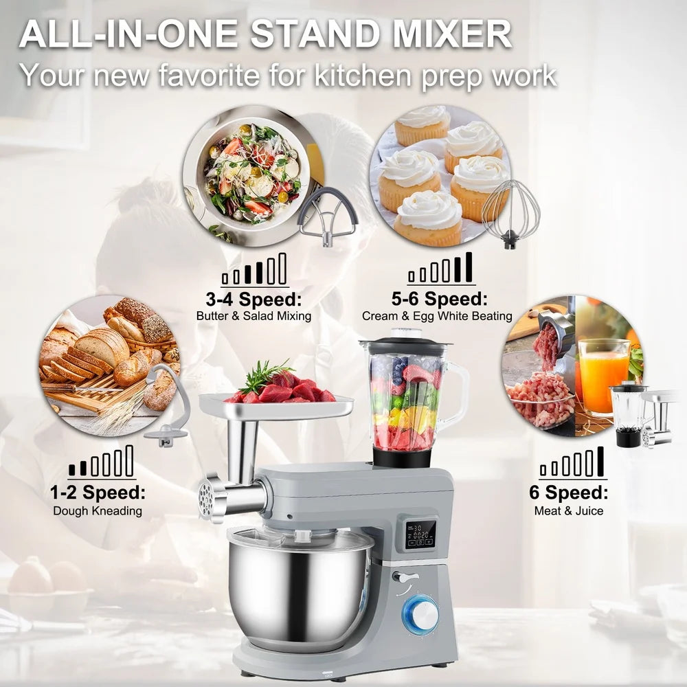 7.4 Qt Stand Mixer with Stainless Steel Bowl Dough Hook Beater Whisk Meat Grinder Juice Cup LCD Touch Panel