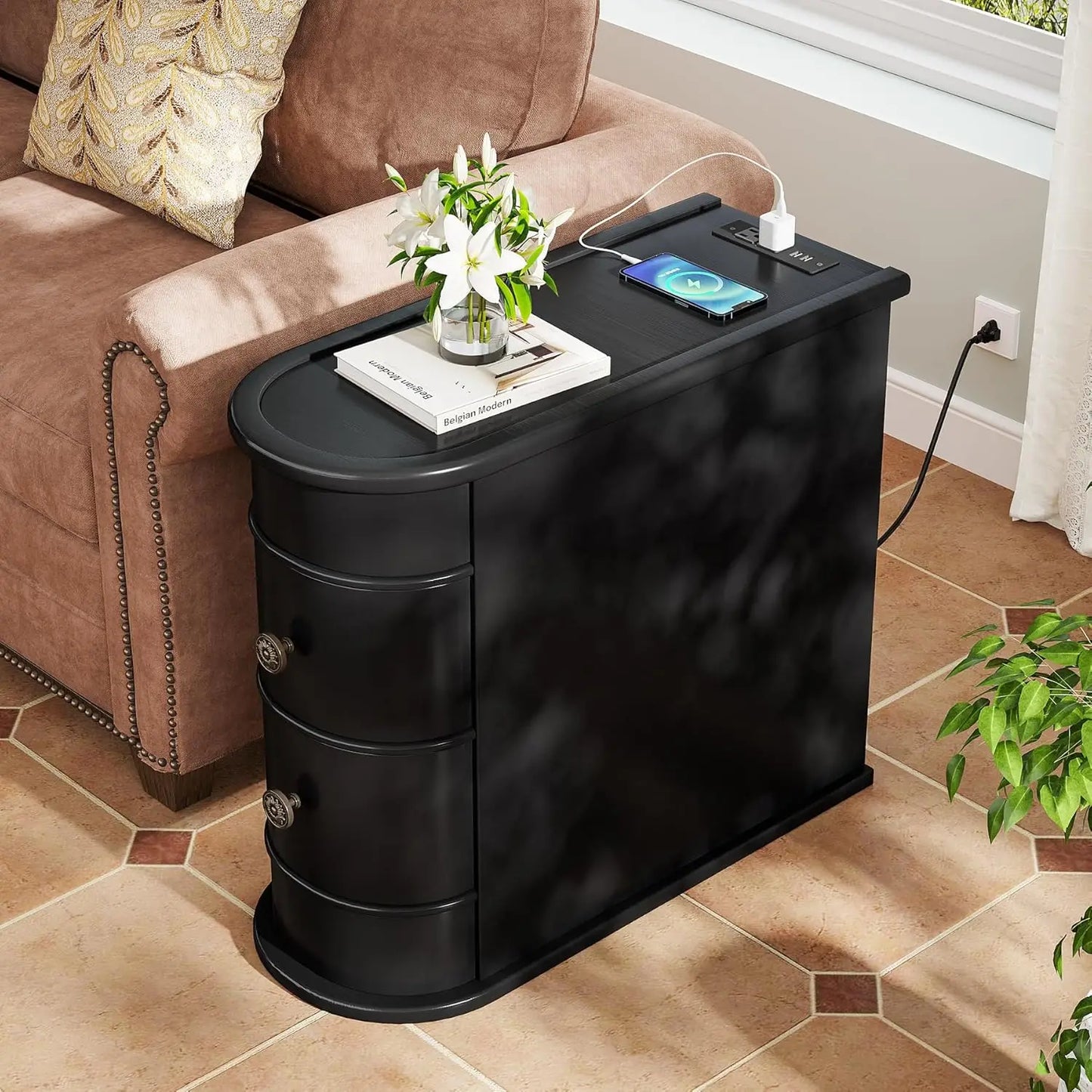 Wood End Table, 2-Drawer Narrow Side Table with Charging Station, No Assembly Required, Finished Back