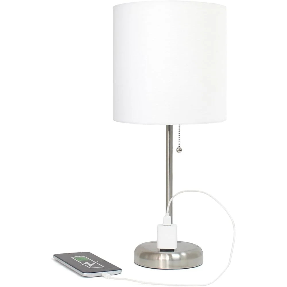 Brushed Steel Table Desk Lamp with Charging Outlet Drum Fabric Shade Ideal Living Room Bedroom Office Dorm 60W LED Bulb Included