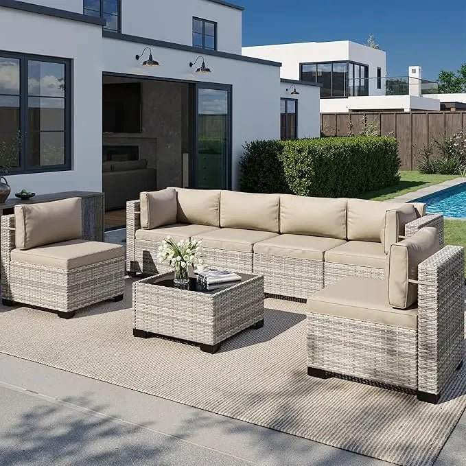 8-Piece Outdoor Patio Furniture Set with 55,000 BTU Fire Pit Table, PE Wicker Rattan Sectional Sofa Conversation Set