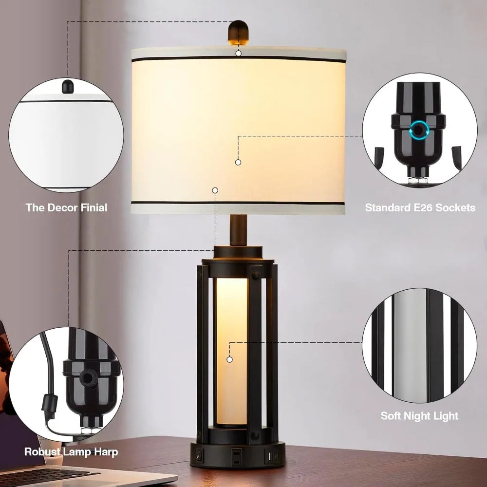 25" Modern Table Lamps Set of 2, Industrial Beside Lamps with USB A+C Charging Ports & AC Outlet, Nightstand Lamp with Glass Nig
