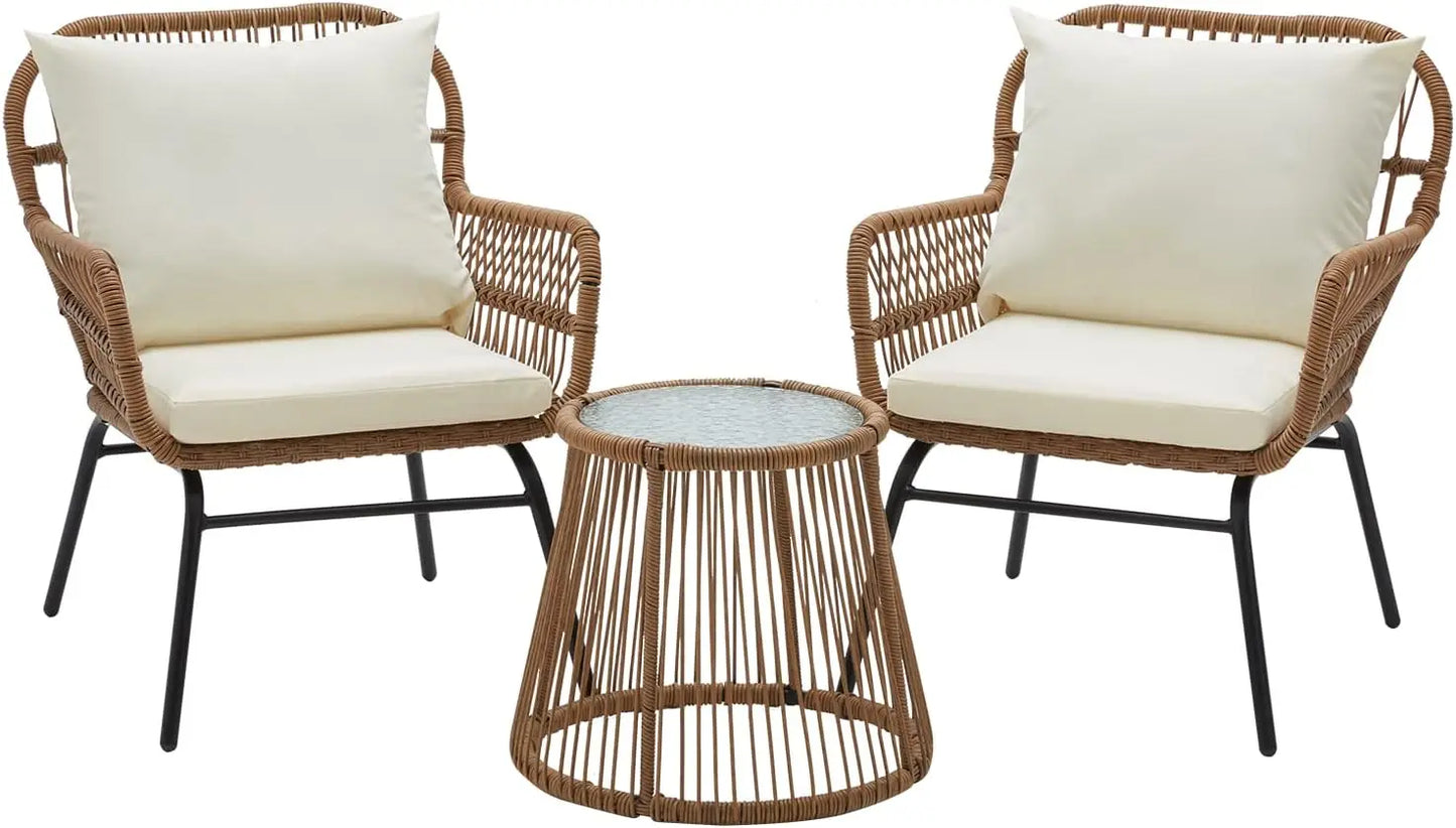3 Piece Patio Conversation Sets, L-Shaped Sectional Patio Furniture Sofa Set with Thick Cushions and Toughened Glass Coffee Tabl