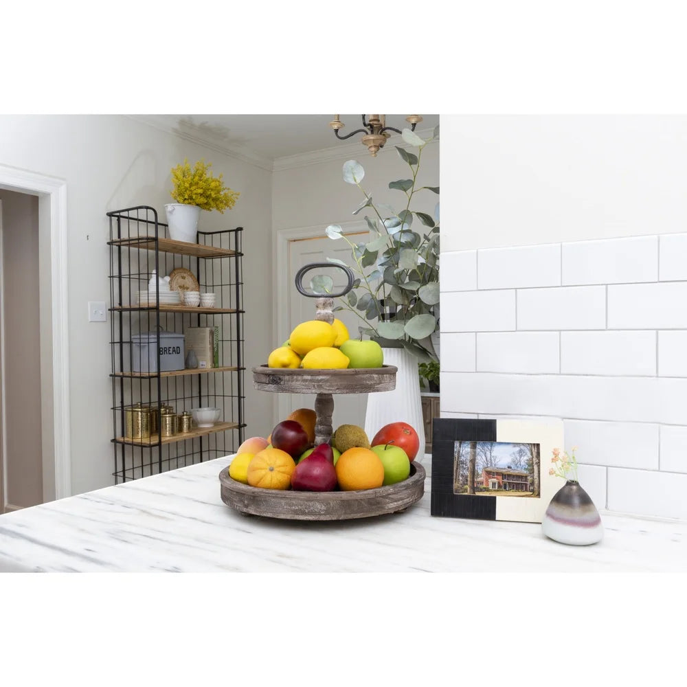 Distressed Brown Wood 2-Tier Tray with Metal Handle Kitchen Centerpiece Storage Display Spice Organizer Home Decor
