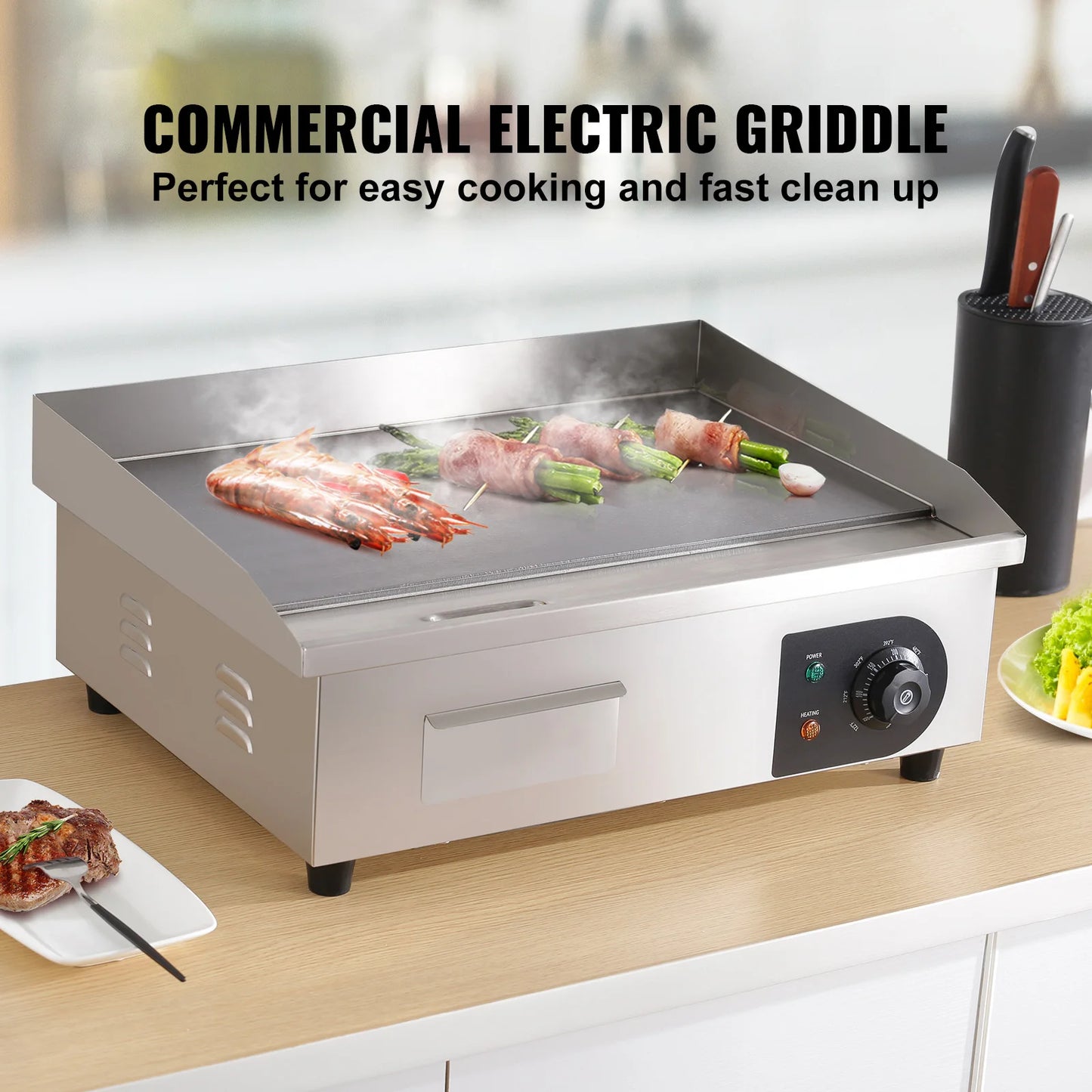SucceBuy 21" Electric Countertop Griddle Electric Flat Top Grill Stainless Steel Teppanyaki Grill w/Non Stick Iron Cooking Plate