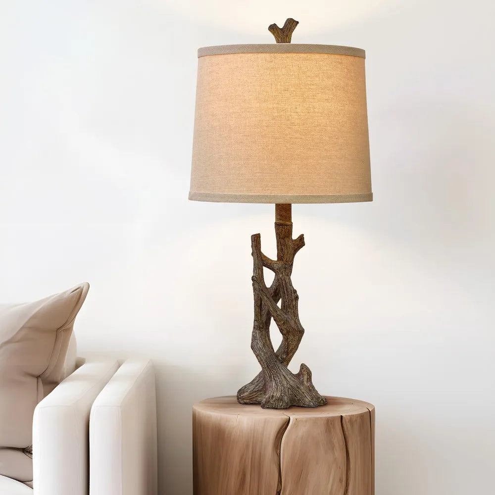 OYEARS 23" Rustic Farmhouse Table Lamp Country Cottage Lamps for Nightstand Tree Trunk Wood Grain Lamp for Bedroom Living Room w