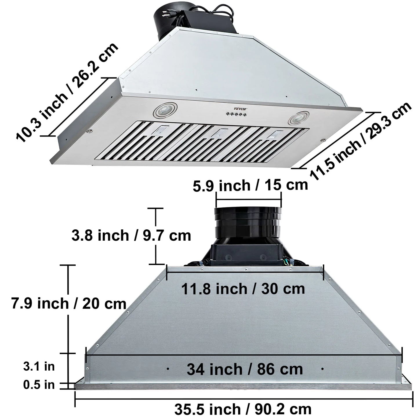 SucceBuy 30/36 inch Built-in Range Hood 800/900CFM Stainless Steel with LED Lights Baffle Filters Ducted Convertible ETL
