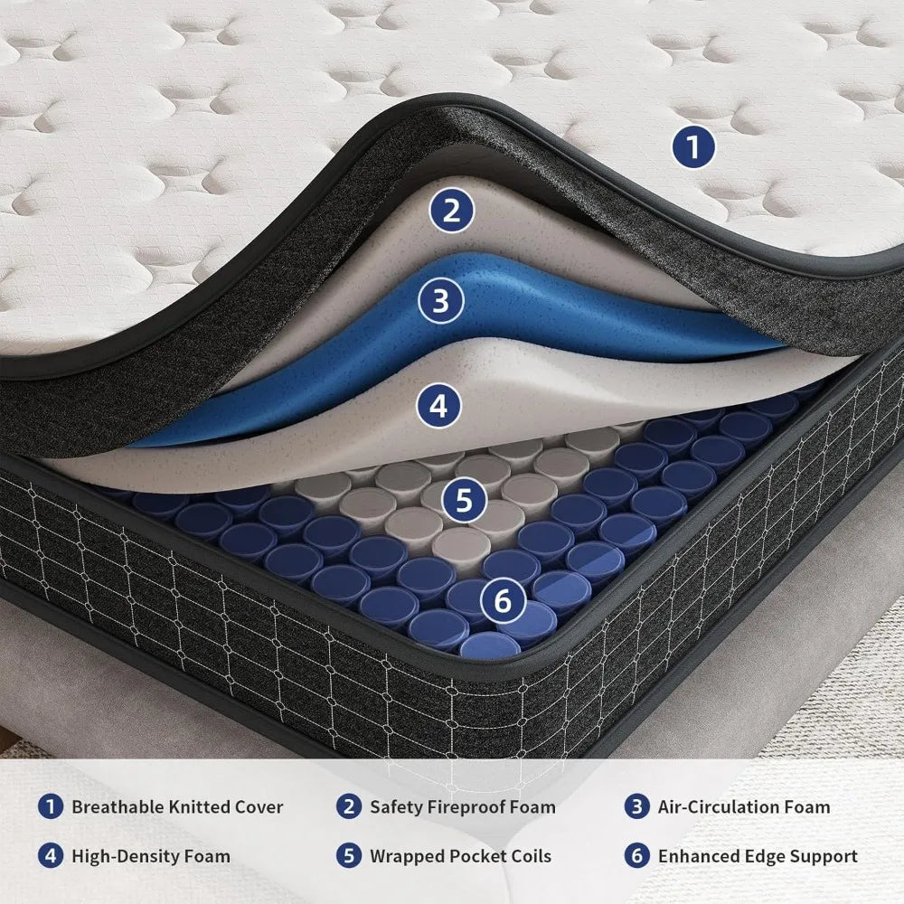 Mattress,12 Inch Mattresses in a Box, Individually Wrapped Pocket Coils for Isolate Motion,Pressure Relief,CertiPUR-US Certified