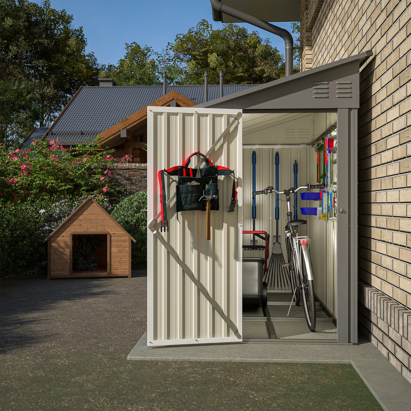 LZBEITEM 4' x 8' Metal Wall Side Storage Sheds & Outdoor Storage, Garden Storage Cabinet for Backayrd,Grey