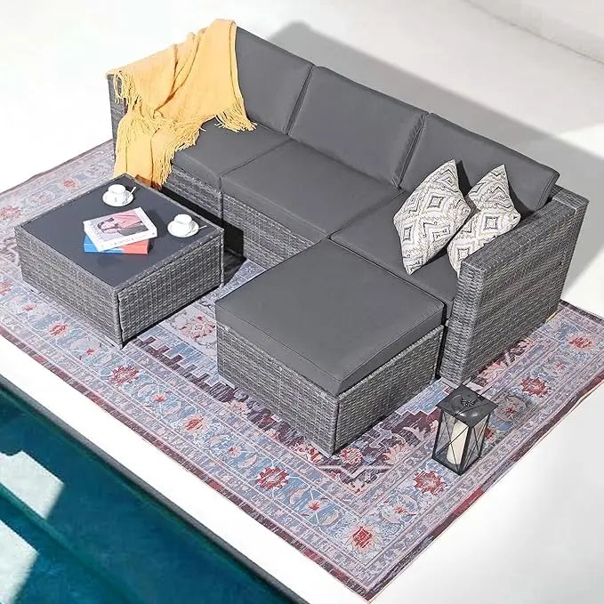 5 Piece Outdoor Patio Furniture Set, Sectional Conversation All-Weather Cushions, Backyard Porch Garden Poolside Balcony Set