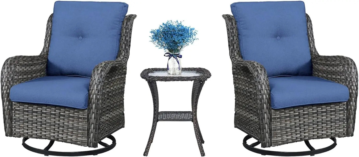 Outdoor Swivel Rocker Wicker Chairs Set of 3, High Back Swivel Patio Chairs Wicker Furniture Set, 2 PCS Rattan Swivel Rocking Ch