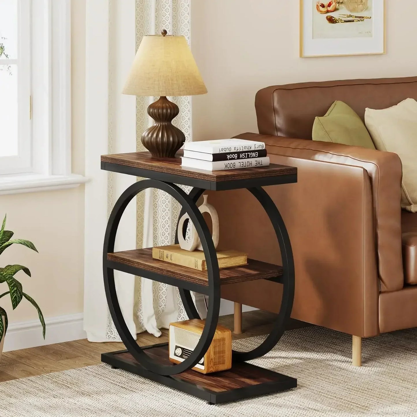 Narrow End Table with 3 Storage Shelves,Wood Side Table with Black Metal Frames,Industrial Small Sofa Side Table for Living Room