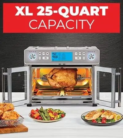 Dual Zone 360 Air Fryer Oven Combo with French Door, 25 QT Extra Large, Cook Two Foods in Different Ways, Up to 60% Faster