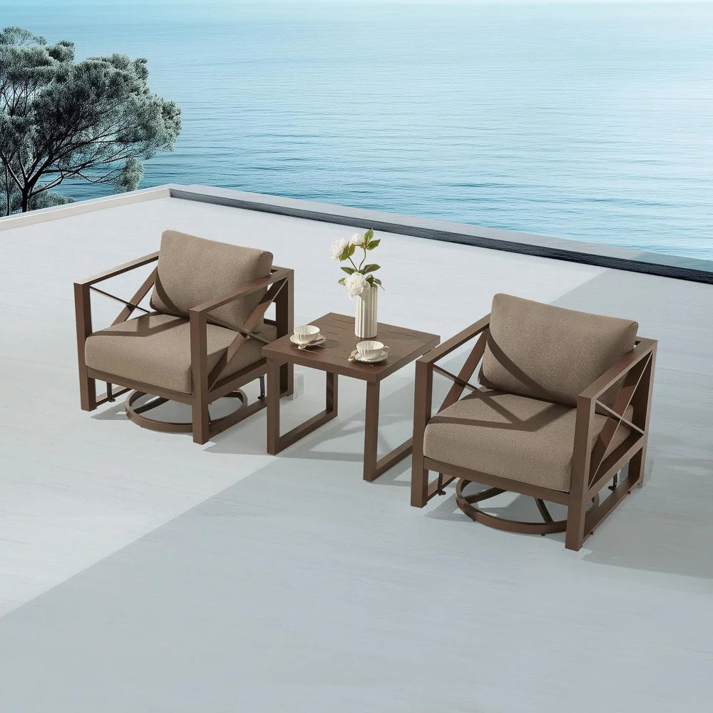 3 Piece Patio Outdoor Aluminum Swivel Rocking Chair with Coffee Table and 6" Thickened Cushions, All Weather Outdoor Furniture