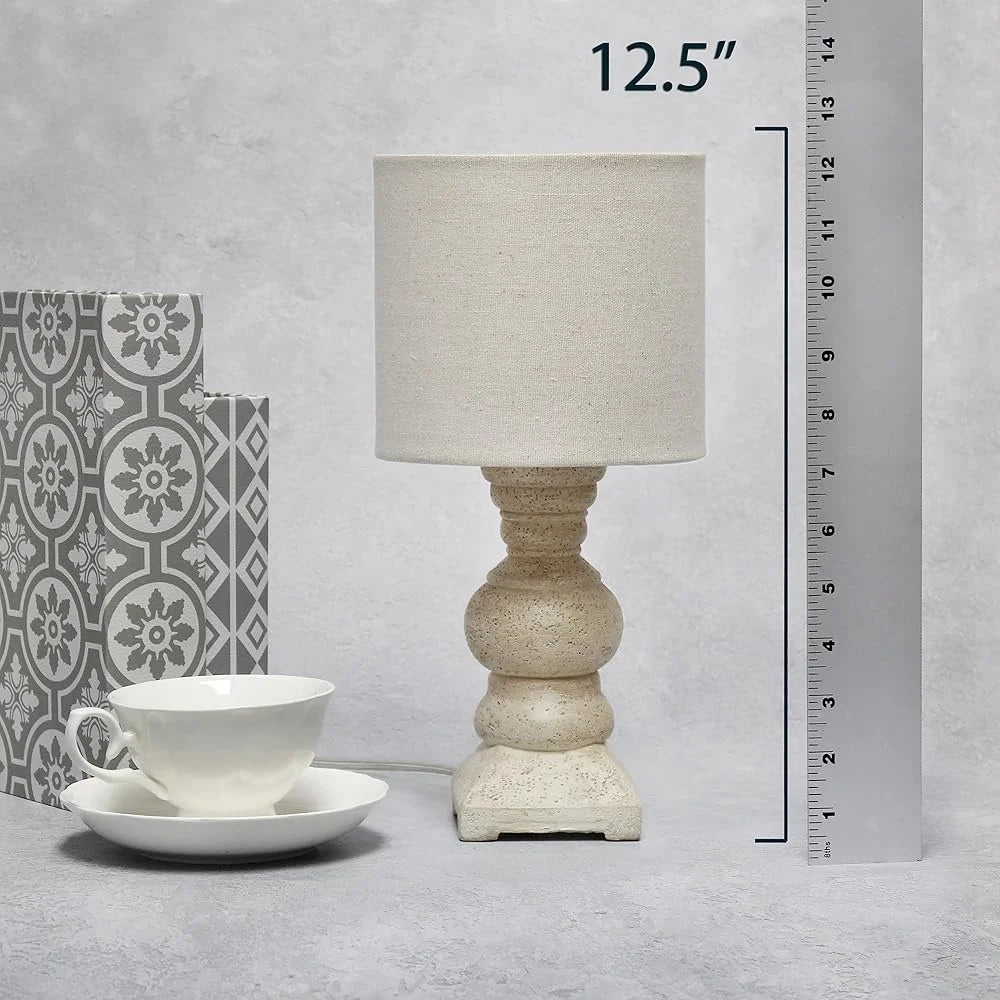 Rustic Farmhouse Mini Table Desk Lamp with Drum Fabric Shade Distressed Resin Base Accessible Switch Home Office