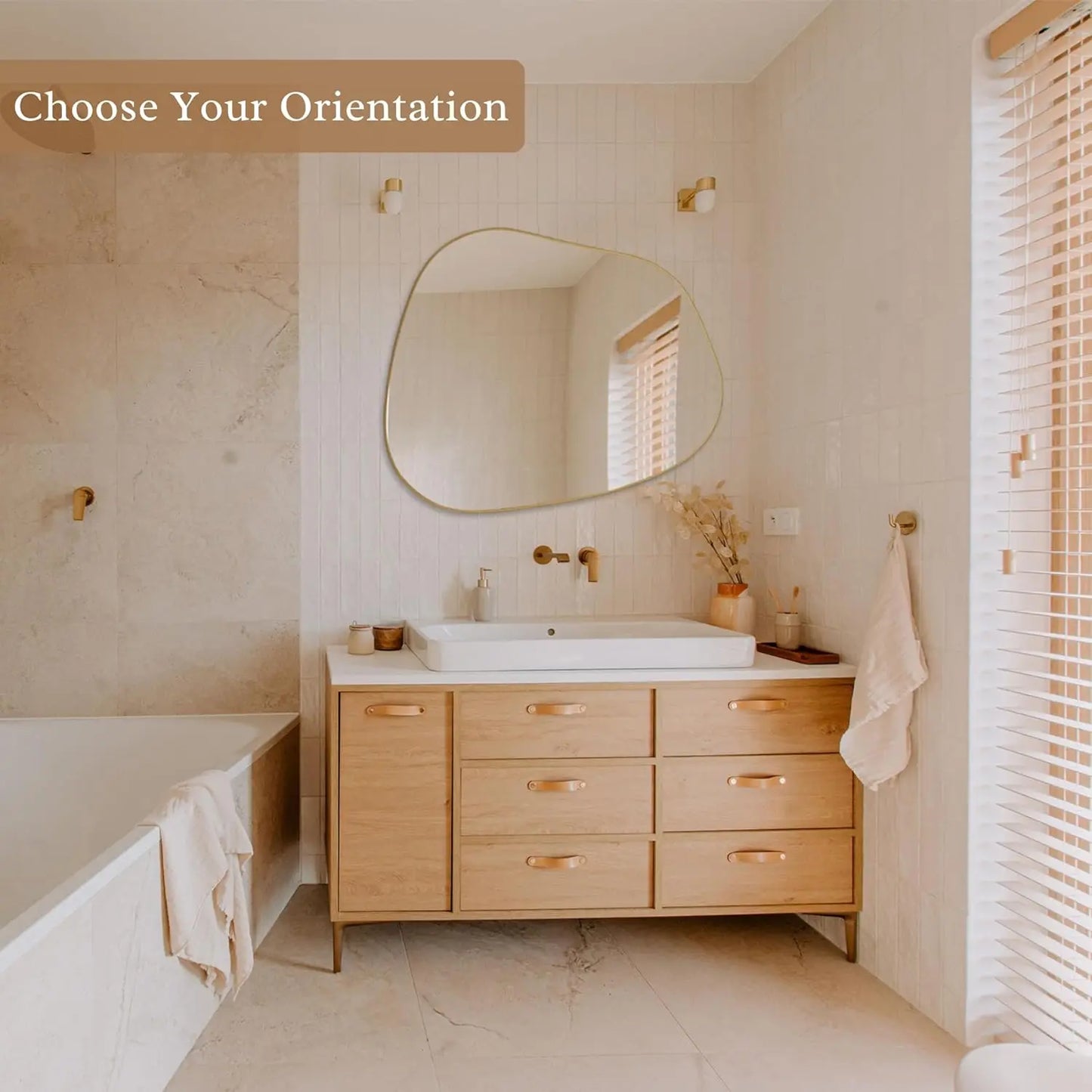 Irregular Wall Mirror Asymmetrical Mirror, 32''x24'' Golden Wood Framed Mirror for Bathroom Bedroom Living (Gold, 32''x24'')