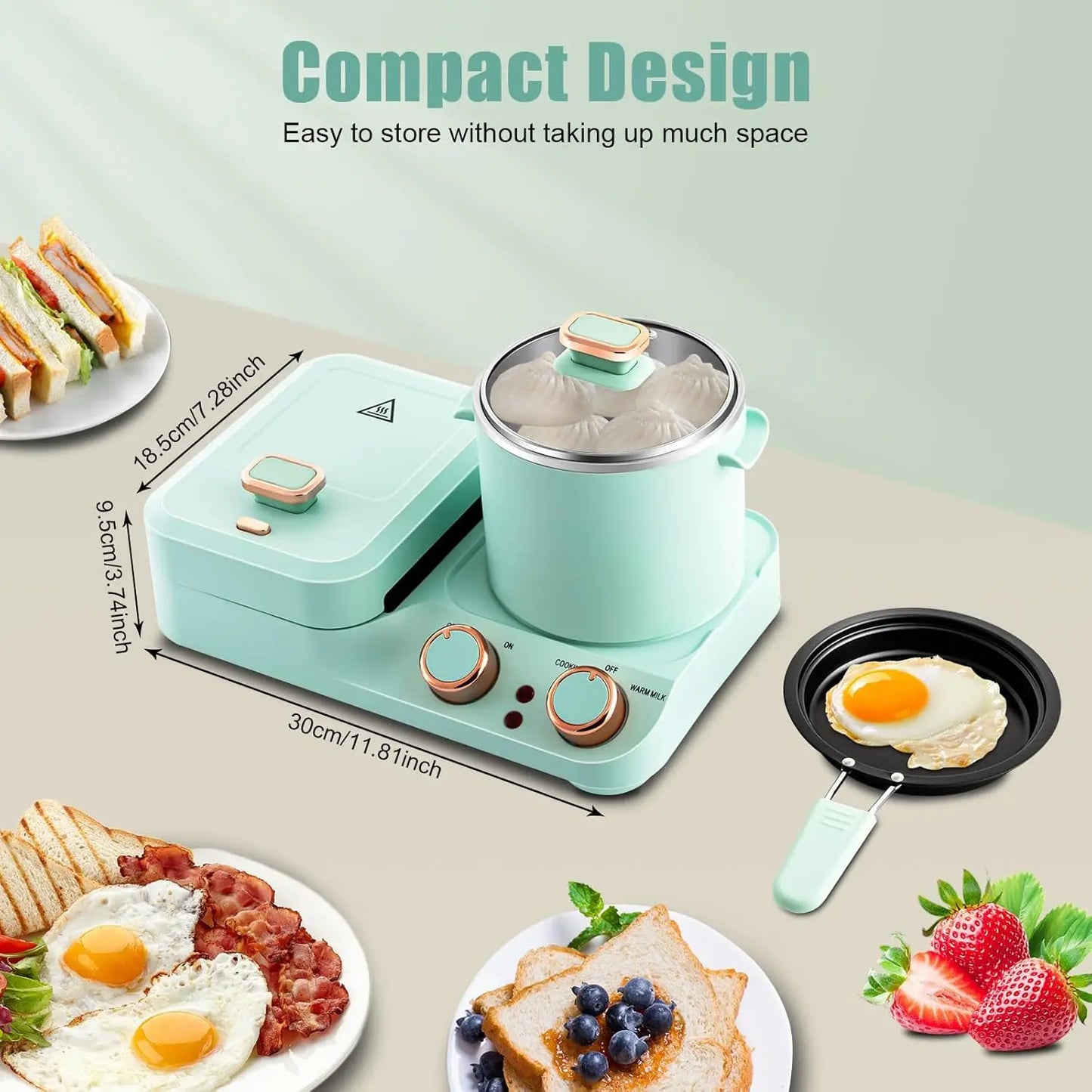 Electric 3in1 Breakfast Station 110V Mini Toaster Bread Multifunctional Kitchen Appliance with Frying Pan for Making Noodles