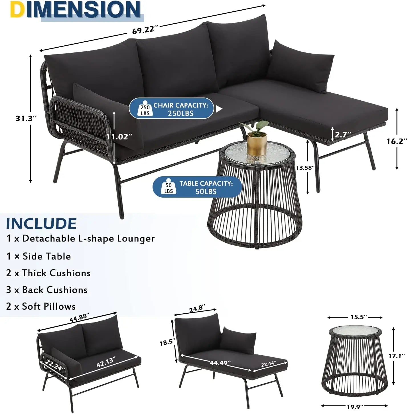 3 Piece Patio Conversation Sets, L-Shaped Sectional Patio Furniture Sofa Set with Thick Cushions and Toughened Glass Coffee Tabl