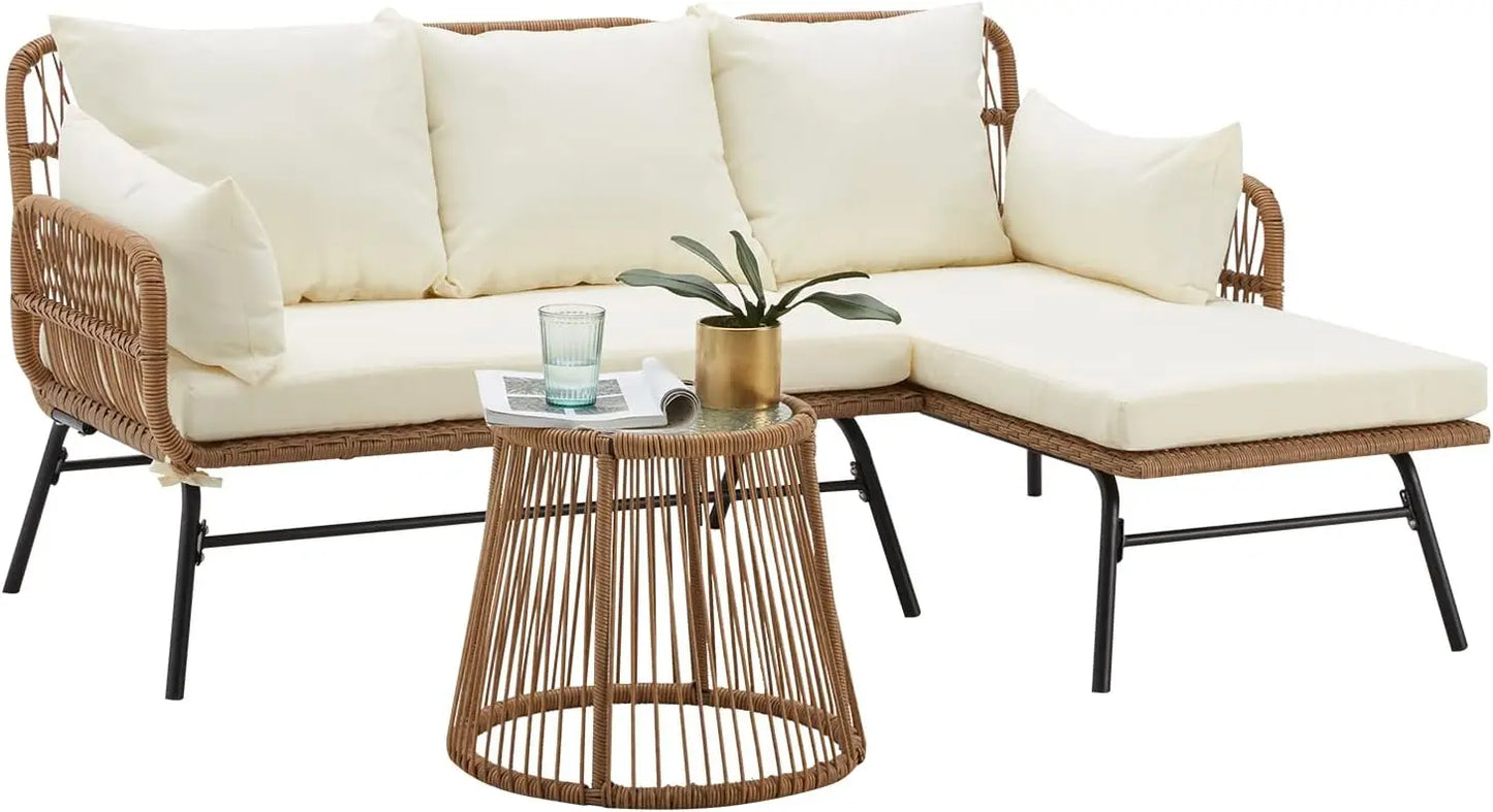 3 Piece Patio Conversation Sets, L-Shaped Sectional Patio Furniture Sofa Set with Thick Cushions and Toughened Glass Coffee Tabl