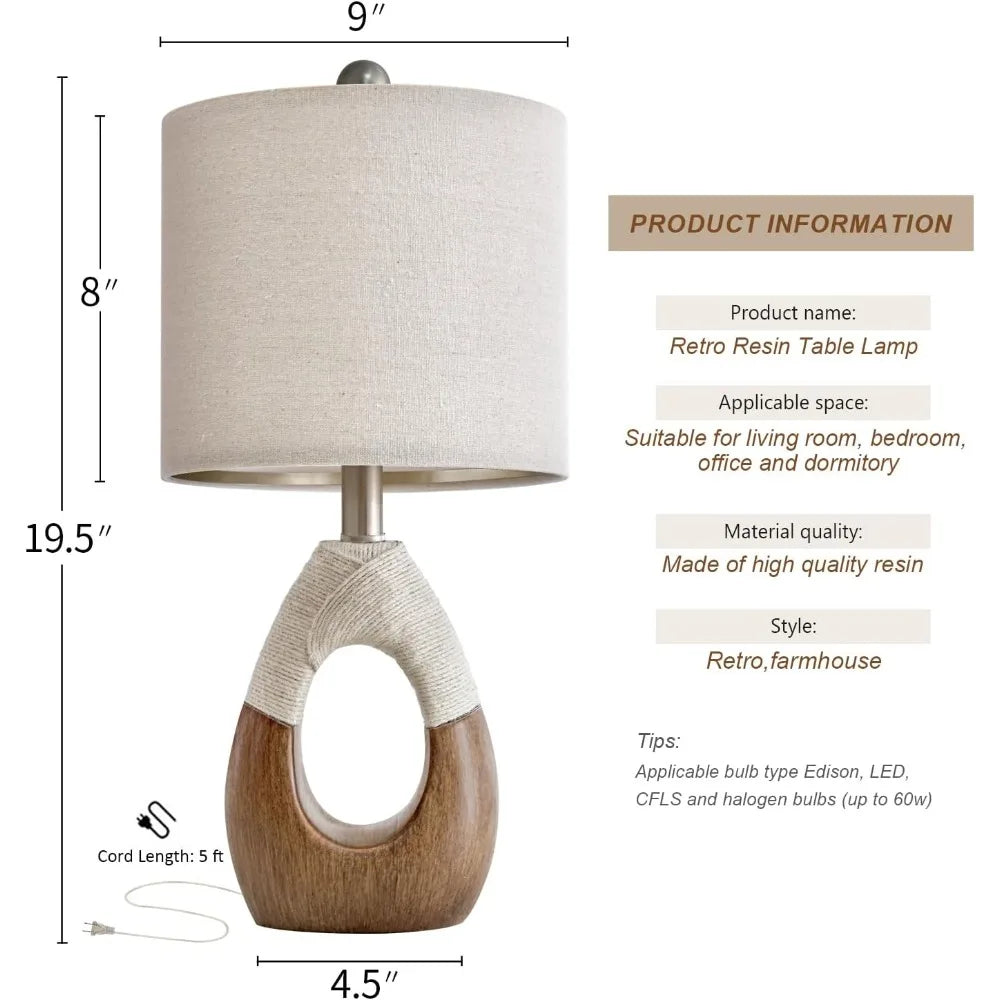 OYEARS Boho Table Lamps Bedroom Living Room Set 2,Suitable for Small Space,Farmhouse RattanTable Lamp 19”Rustic Egg Design Resin