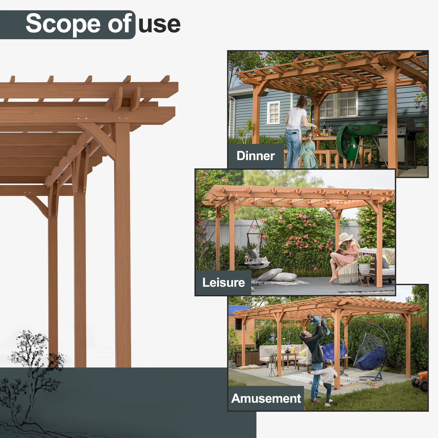 LZBEITEM Outdoor Gazebo Wooden Grape pergola for Climbing Plant Support, Garden, Terrace, Backyard, Deck, Brown