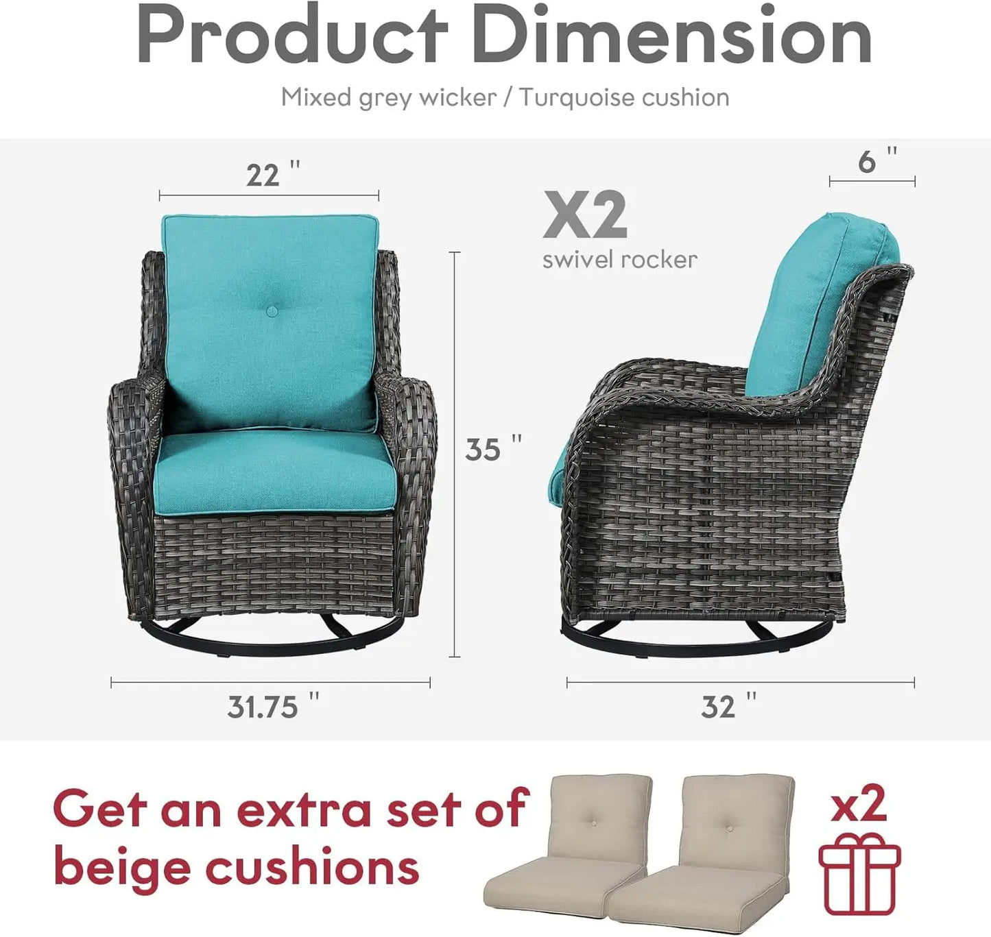 Outdoor Swivel Rocker Wicker Chairs Set of 3, High Back Swivel Patio Chairs Wicker Furniture Set, 2 PCS Rattan Swivel Rocking Ch
