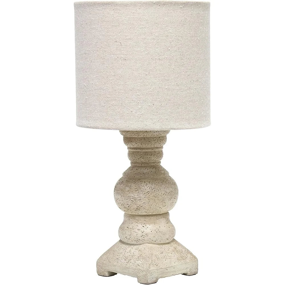 Rustic Farmhouse Mini Table Desk Lamp with Drum Fabric Shade Distressed Resin Base Accessible Switch Home Office