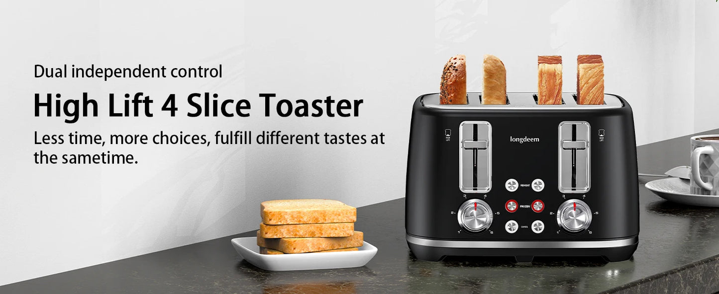 4 Slice Toaster, 1.5" Extra Wide Stainless Steel Slots, Dual Controls, Removable Crumb Tray, 6 Shade Settings, Black